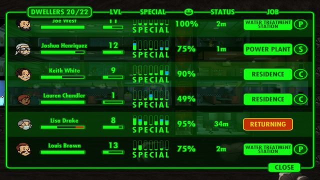 Stan eksplorującej postaci zaznaczony jest na liście w czerwonym prostokącie. - Eksploracja | Eksploracja, broń oraz stroje w Fallout Shelter - Fallout Shelter - poradnik do gry