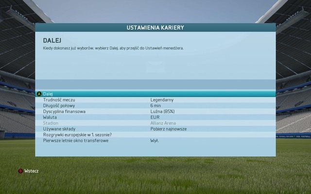 Kolejny ekran pozwala nam na określenie podstawowych ustawień dotyczących tego trybu - znajdziemy więc tam wytyczne dotyczące poziomu trudności, który będzie odpowiadał naszym umiejętnościom piłkarskim czy też czas połowy każdego rozgrywanego spotkania - Rozpoczynamy rozgrywkę! | Kariera menedżerska w FIFA 16 - FIFA 16 - poradnik do gry