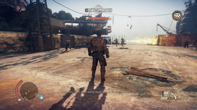 Przed walką z ogarem musisz pokonać grupę kilku przeciwników, koniecznie wyeliminuj Wrzaskuna. - Wielkie Szczyty w Mad Max | Terytorium, którym włada Spojówka - mapy - Mad Max - poradnik do gry