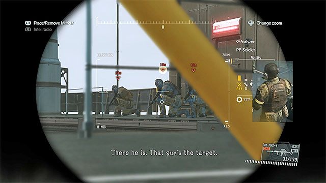 Nie śpiesz się z przedostaniem się na szczyt platformy (wskazane jest nawet odczekanie aż wrogowie wyjdą z zaalarmowanego stanu) - Wyeliminowanie wrogiego dowódcy | Misja 22 - Retake the Platform - Metal Gear Solid V: The Phantom Pain - poradnik do gry