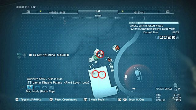 Miejsca odnajdywania jeńców zaznaczone zostały na powyższym obrazku - Pozostałe opcjonalne cele w misji Angel With Broken Wings | Misja 10 - Angel With Broken Wings - Metal Gear Solid V: The Phantom Pain - poradnik do gry