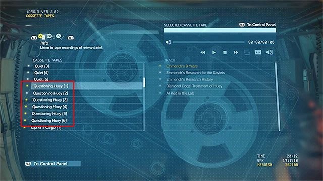 Następne wymaganie dotyczy konieczności wysłuchania wszystkich nagrań z kategorii Questioning Huey - Odblokowanie misji 45 (A Quiet Exit) | Misja 45 - A Quiet Exit | Solucja MGS V - Metal Gear Solid V: The Phantom Pain - poradnik do gry