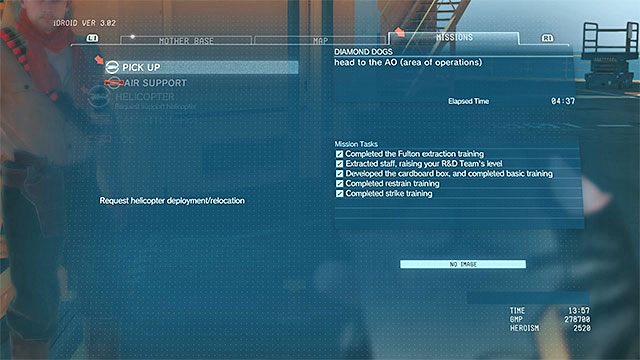 Okno zamawiania śmigłowca - Opuszczenie Bazy Matki | Misja 2 - Diamond Dogs | Solucja Metal Gear Solid V - Metal Gear Solid V: The Phantom Pain - poradnik do gry