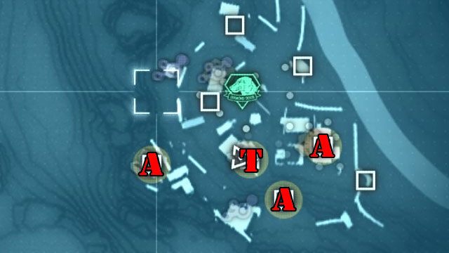 W lokacji Eastern Communications Post znajdują się w sumie cztery obiekty, którymi należy się zainteresować i pokazane one zostały na powyższej mapce - Zidentyfikowanie i zniszczenie sprzętu do komunikacji | Misja 4 - C2W - Metal Gear Solid V: The Phantom Pain - poradnik do gry