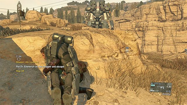 Schowaj się za skałami na niewielkim wzniesieniu - Ucieczka przed Metal Gearem Sahelanthropusem | Misja 12 - Hellbound - Metal Gear Solid V: The Phantom Pain - poradnik do gry