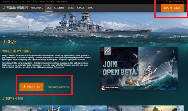 Gdy strona w pełni się załaduje kliknij w górnym, lewym rogu na ikonkę Graj za darmo - Rejestracja, logowanie, zarządzanie kontem | Informacje wstępne - World of Warships - poradnik do gry
