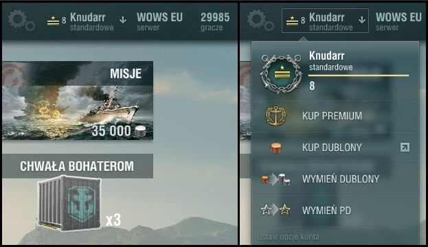 W lewym górnym rogu ekranu znajdziesz ikonkę pozwalającą na zmianę ustawień klienta gry (symbol dwóch trybów) - Port w World of Warships | Interfejs gry - World of Warships - poradnik do gry