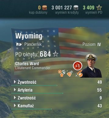 W prawym górnym rogu ekranu znajdziesz poza dokładną liczbą posiadanej waluty premium, zdobytych kredytów oraz wolnych punktów doświadczenia, informacje na temat aktualnie wybranego okrętu - Port w World of Warships | Interfejs gry - World of Warships - poradnik do gry