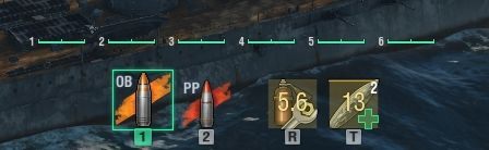 W środkowej, dolnej części ekranu znajdziesz ikonki przedstawiające aktualny stan wyposażenia okrętu, począwszy od wybranego rodzaju amunicji po lewej stronie, aż po dostępne materiały eksploatacyjne po prawej - Bitwa w World of Warships | Interfejs gry - World of Warships - poradnik do gry