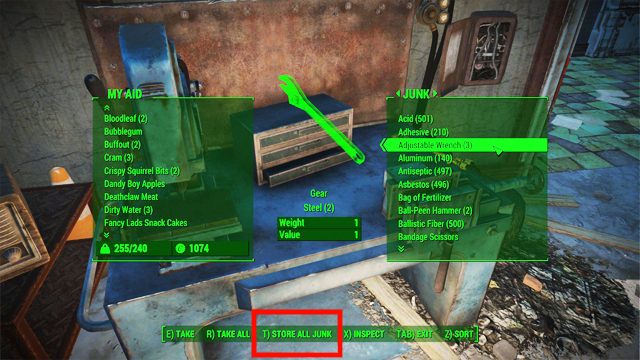 Śmieci zebrane podczas swobodnej eksploracji (nie w trybie warsztatu) możesz za naciśnięciem jednego przycisku składować w warsztacie - Crafting - podstawy w Fallout 4 | Tworzenie osad - Fallout 4 - poradnik do gry