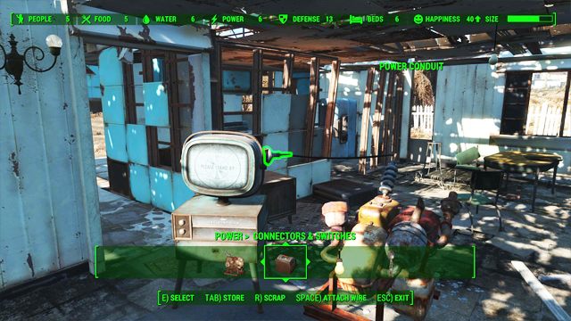 Włączenie telewizora jest możliwe tylko po podłączeniu do niego złączki. - Crafting - podstawy w Fallout 4 | Tworzenie osad - Fallout 4 - poradnik do gry
