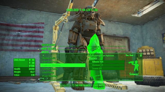 Aby zapewnić sobie dostęp do wszystkich modyfikacji materiału, rozwiń perki Nauka - Fallout 4: Crafting pancerza wspomaganego - Fallout 4 - poradnik do gry