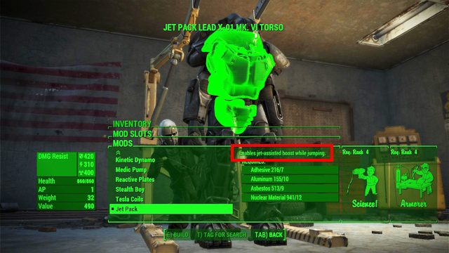 Aby zapewnić sobie dostęp do wszystkich modyfikacji specjalnych, rozwiń perki Nauka - Fallout 4: Crafting pancerza wspomaganego - Fallout 4 - poradnik do gry