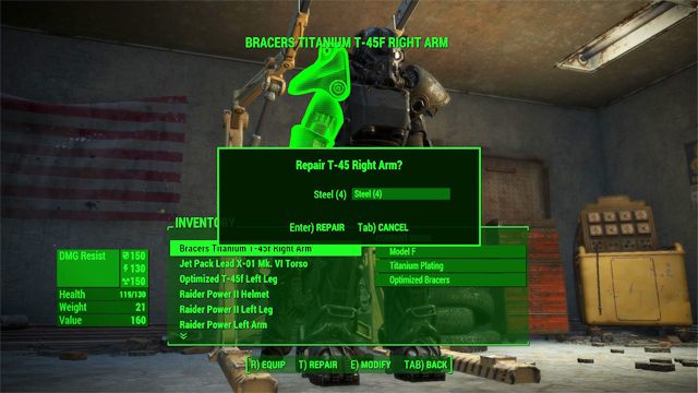Pancerz możesz naprawić, w menu stanowiska Pancerza Wspomaganego wciskając przycisk Naprawa - Fallout 4: Crafting pancerza wspomaganego - Fallout 4 - poradnik do gry