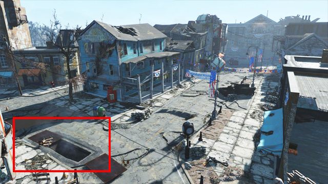 Na obrazku zaznaczono położenie wejścia do kanałów. Naprzeciw widać Muzeum Wolności. - Fallout 4: Gdzie znaleźć rdzenie fuzyjne na początku gry - Fallout 4 - poradnik do gry