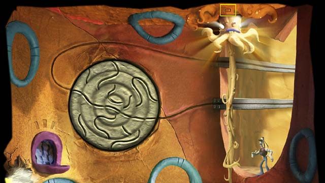 Wywinduj się macką do góry, zeskocz do wnęki po prawej i kliknij ośmiornicę (zapamiętaj wyryty nad nią symbol) - wysłuchasz jeszcze raz znanej Ci z obrazków historii, ale tym razem ośmiornica przemówi w zrozumiałym języku - Podróże pomiędzy wieżami | Czwarta wieża w Armikrog - Armikrog - poradnik do gry