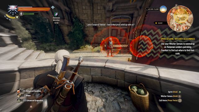 Podsłuchaj rozmawiających strażników na placu - Sezamie, otwórz się: Wiedźmińskie przyprawy (Open Sesame! - Witcher Seasonings) - główne zadanie | Zadania główne - Wiedźmin 3: Serca z Kamienia - poradnik do gry
