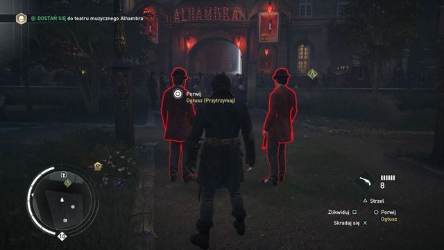 Dwójka przed teatrem - jeden z przeciwników posiada maskę, warto ją zdobyć. - 04 - Ostatni akt | Solucja Assassins Creed Syndicate - Assassins Creed: Syndicate - poradnik do gry