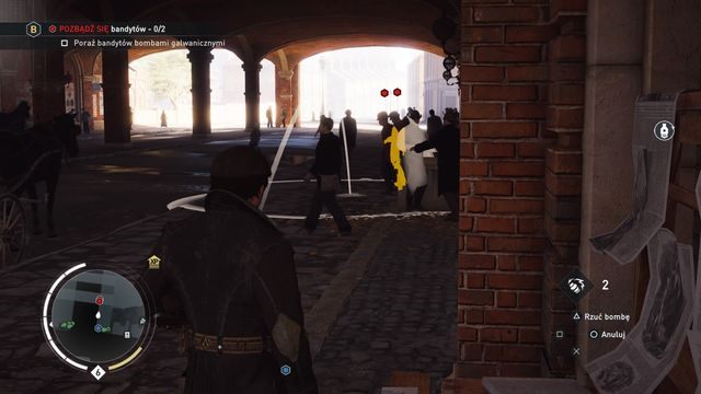 Przed budynkiem stoi dwóch przeciwników - wykorzystaj nową zabawkę, aby porazić ich ładunkiem elektrycznym. - 04 - Wiadomości z ostatniej chwili | Solucja Assassins Creed Syndicate - Assassins Creed: Syndicate - poradnik do gry