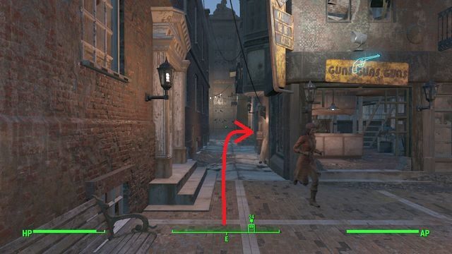 Idąc od głównego wejścia w uliczkę między domem Hancocka, a sklepami ujrzysz wąską uliczkę między budynkami - Podkop stulecia | Solucja Fallout 4 - Fallout 4 - poradnik do gry