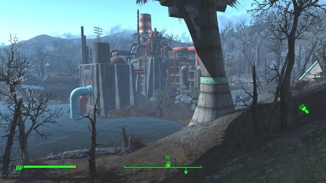 Opuszczony budynek przepompowni, składający się z kilku przybudówek na zewnątrz oraz sporego obszaru wewnątrz kompleksu - Zbiornik Poseidona | Morze Blasku - Sektor 8 | Mapy Fallout 4 - Fallout 4 - poradnik do gry