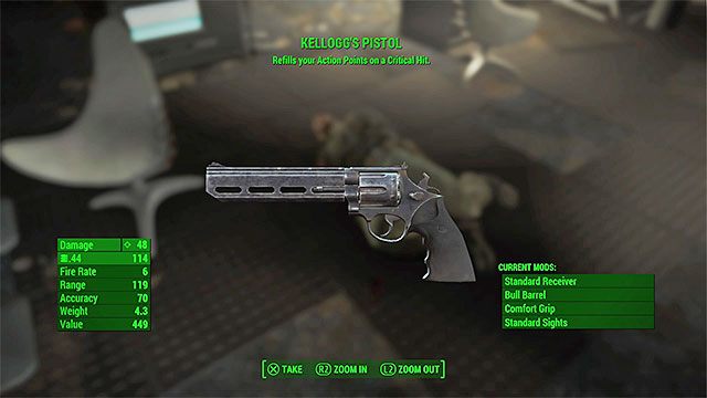 Przykładowa rzadka broń - pistolet Kellogga - Rzadkie bronie i pancerze | Przeciwnicy i unikatowe przedmioty w Fallout 4 - Fallout 4 - poradnik do gry