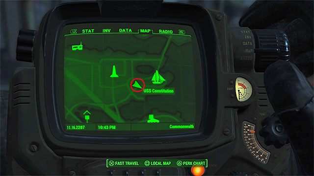 Musisz udać się na zachód od okrętu USS Constitution i zająć się zlokalizowaniem pokazanej na powyższych obrazkach pralni (Charlestown Laundry) przy skrzyżowaniu dróg - Cambridge - Sektor 5 | Czasopisma Fallout 4 - Fallout 4 - poradnik do gry