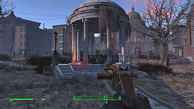 Na placu znajduje się kilka dużych altan i musisz zainteresować się tą pokazaną na powyższym obrazku - Centrum Bostonu - Sektor 6 | Czasopisma Fallout 4 - Fallout 4 - poradnik do gry
