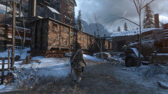 Kiedy znajdziesz się na terenie huty wespnij się po żółtej drabince na pierwszy z wagonów - Rise of the Tomb Raider: Dotrzyj do wejścia do kopalni | Znów sama - Rise of the Tomb Raider - poradnik do gry
