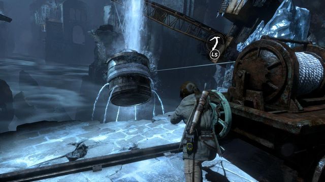 Przesuń wagonik z wyciągarką mniej więcej do połowy szyn - Rise of the Tomb Raider: Wyważ drzwi | Skrót - Rise of the Tomb Raider - poradnik do gry