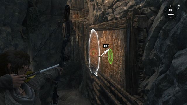 Wystrzel dwa strzały umieszczając je po obu końcach drewnianej powierzchni - Rise of the Tomb Raider: Odeprzyj atak Trójcy | Uratować Jonaha - Rise of the Tomb Raider - poradnik do gry