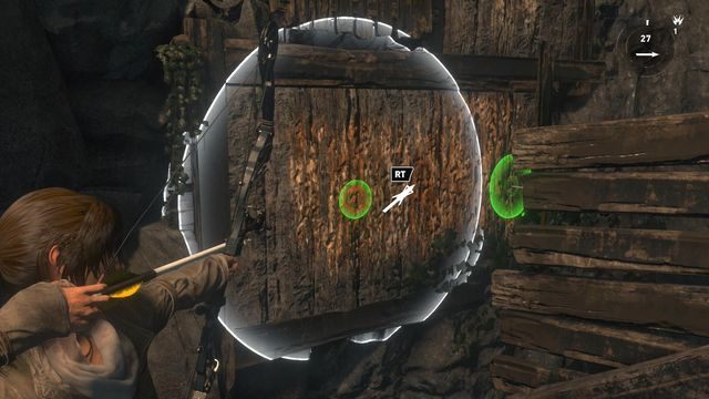 Przeskocz na stały grunt, który znajduje się kawałek dalej i w powierzchnię po przeciwnej stronie wbij kolejne strzały - Rise of the Tomb Raider: Odeprzyj atak Trójcy | Uratować Jonaha - Rise of the Tomb Raider - poradnik do gry