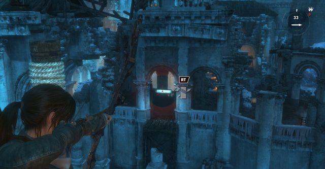 Na końcu mostu zamontuj linę, po której zjedź w pobliże bramy - Rise of the Tomb Raider: Przejdź przez most | Wyważanie bramy - Rise of the Tomb Raider - poradnik do gry