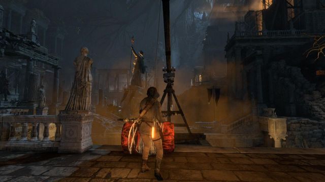 Uwolnij drugą beczkę z pochylni i przyczep ją do drugiego ramienia równoważni, dzięki czemu ramię się wypoziomuje unosząc nieco beczkę po drugiej stronie basenu (tę, którą przymocowałeś jako pierwszą) - Rise of the Tomb Raider: Znajdź sposób, aby uciec z Atlasem | Przypływ - Rise of the Tomb Raider - poradnik do gry