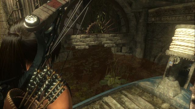 Ponownie wróć do pierwszej sali (małe okienko na środku umożliwia przepłynięcie) i przyczep łódź do ostatniej belki, jeszcze nie używanej, znajdującej się naprzeciwko miejsca, gdzie zostawiłeś łódź - Grobowiec 1 - Łaźnie Kitieżu | Geotermiczna dolina | Rise of the Tomb Raider - Rise of the Tomb Raider - poradnik do gry