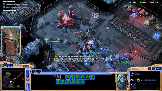 Pierwszej grupy uwięzionych protossów [4] pilnuje kilka jednostek terran - Misja 1 - Mroczne szepty | Prolog - Szepty o zagładzie | Starcraft II - StarCraft II: Legacy of the Void - poradnik do gry