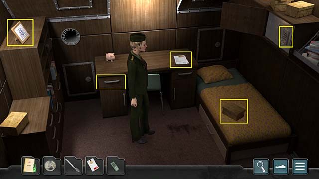 Przyjrzyj się kilkakrotnie stojącemu na szafce po lewej obrazkowi - Rozdział 4 - Misja Kurska | Undercover Missions Operation Kursk K-141 - Undercover Missions: Operation Kursk K-141 - poradnik do gry