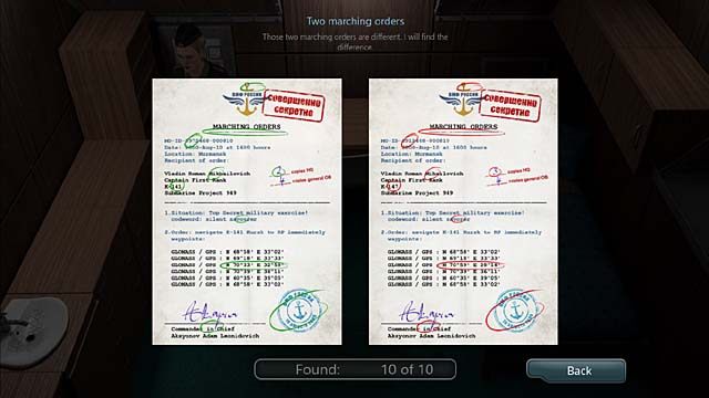 Musisz znaleźć 10 różniących je szczegółów (kliknij każdy z nich na którymś z rozkazów) - Rozdział 4 - Misja Kurska | Undercover Missions Operation Kursk K-141 - Undercover Missions: Operation Kursk K-141 - poradnik do gry