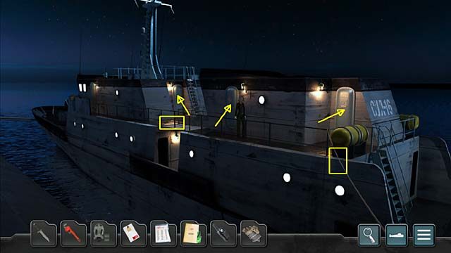 Nie chcesz, by obecność Mileny na łodzi została odkryta, zatem nożem bojowym przetnij linę łączącą Balakovo z Kurskiem (po prawej) - Rozdział 7 - Generał Germin | Undercover Missions Operation Kursk K-141 - Undercover Missions: Operation Kursk K-141 - poradnik do gry