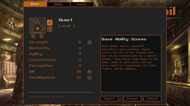 Jak widać na powyższym screenie, postać będzie się specjalizować w korzystaniu z mocy PSI ponieważ najwięcej punktów rozdano w Siłę Woli i Inteligencję - Przykładowy rozwój postaci | Jak stworzyć i rozwijać postać w Underrail - Underrail - poradnik do gry