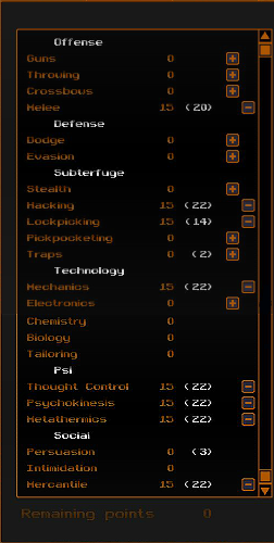 Mając na uwadze wcześniej rozdane statystyki, umiejętności rozdzielono w następujący sposób - Przykładowy rozwój postaci | Jak stworzyć i rozwijać postać w Underrail - Underrail - poradnik do gry