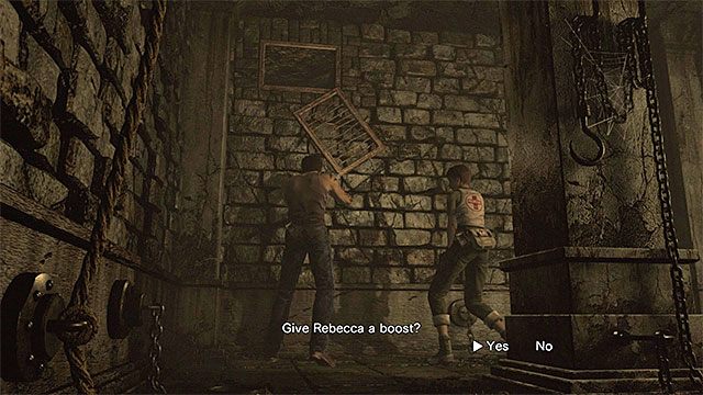 Potwierdź chęć podciągnięcia Rebecci do otworu w ścianie - Początek eksploracji | Piwnica ośrodka szkoleniowego | Resident Evil Zero HD - Resident Evil Zero HD - poradnik do gry