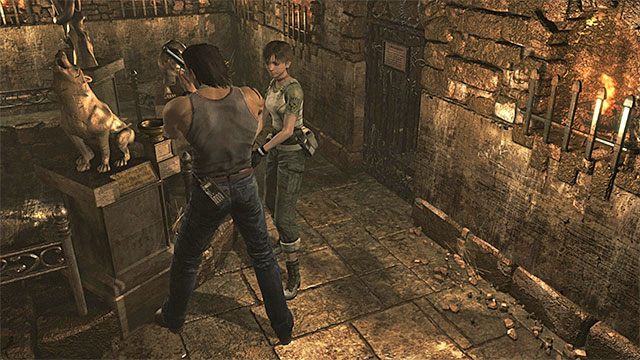 Druga pochodnię zapal przy posągu wilka - Rozwiązanie zagadki z posągami zwierząt | Piwnica ośrodka szkoleniowego - Resident Evil Zero HD - poradnik do gry