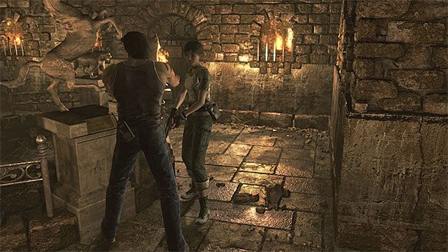 Trzecią pochodnię zapal przy posągu konia - Rozwiązanie zagadki z posągami zwierząt | Piwnica ośrodka szkoleniowego - Resident Evil Zero HD - poradnik do gry