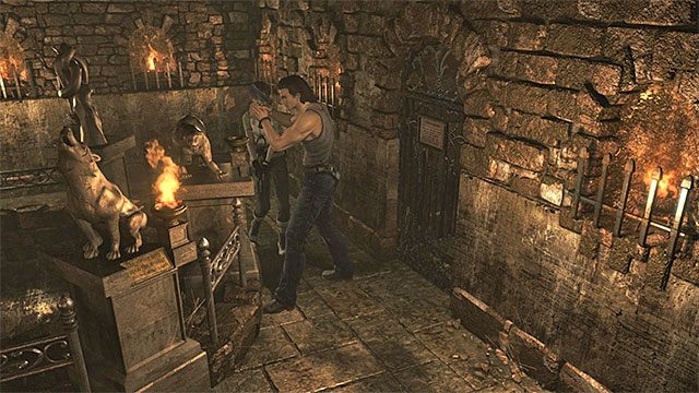 Czwartą pochodnię zapal przy posągu tygrysa - Rozwiązanie zagadki z posągami zwierząt | Piwnica ośrodka szkoleniowego - Resident Evil Zero HD - poradnik do gry