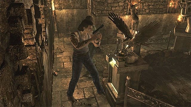 Ostatnią szóstą pochodnię zapal przy posągu orła - Rozwiązanie zagadki z posągami zwierząt | Piwnica ośrodka szkoleniowego - Resident Evil Zero HD - poradnik do gry