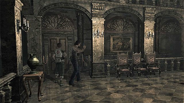 Wybierz drzwi na dolnym poziomie głównego holu ośrodka szkoleniowego - Zagadka w pomieszczeniu konferencyjnym | Ośrodek szkoleniowy Umbrella - Resident Evil Zero HD - poradnik do gry