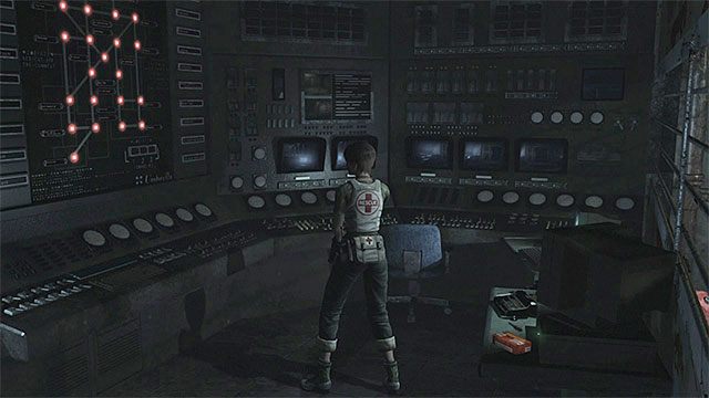 Pokój z maszyną do pisania i siecią pokazującą aktualny stan dostaw prądu - Przywrócenie dostaw prądu | Oczyszczalnia | Resident Evil Zero HD - Resident Evil Zero HD - poradnik do gry