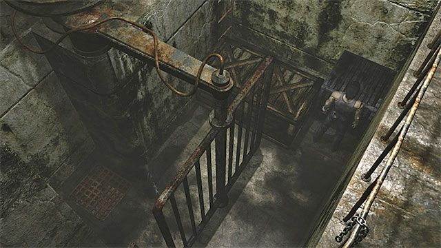 Ponownie wybierz Billyego i wykorzystaj to, że bramka jest otwarta żeby ustawić się w miejscu pokazanym na obrazku 1 - Rozwiązanie zagadki ze skrzyniami | Oczyszczalnia | Resident Evil Zero HD - Resident Evil Zero HD - poradnik do gry