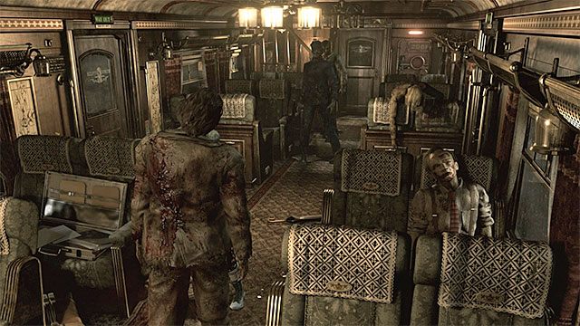 Zabij tylko zombiaka z dolnej części ekranu żeby nie tracić amunicji - Pierwsze wagony | Pociąg Ecliptic Express | Resident Evil Zero HD - Resident Evil Zero HD - poradnik do gry